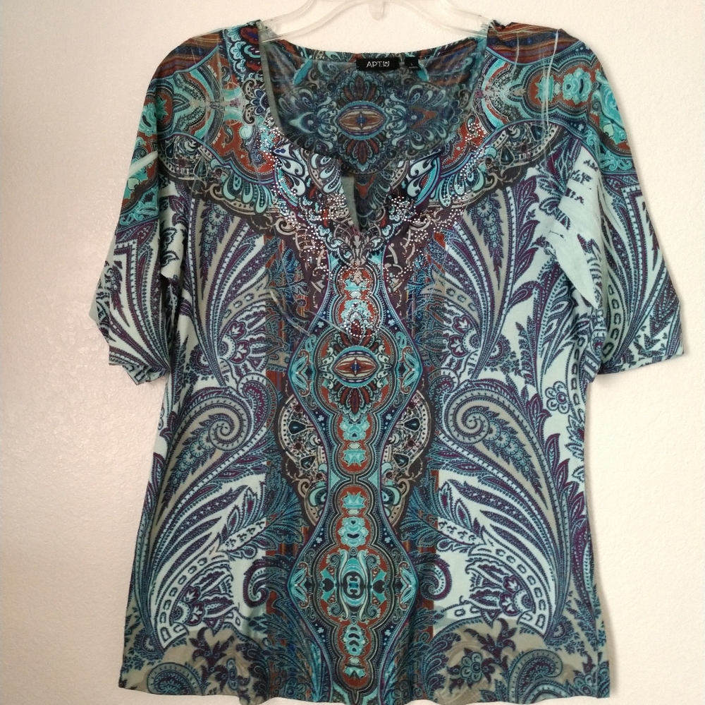 Apt 9 Knit Top Blue Gray Abstract Paisley Size Juniors Large Chest 36"